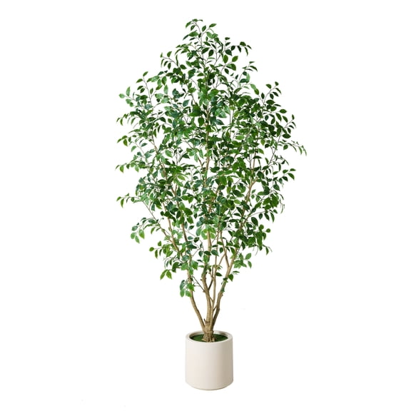 DR.Planzen 8ft Artificial Ficus Tree in White Planter, Realistic Multi-Branch Rubber Tree with 1646 Leaves, Large Indoor Floor Plant for Home & Office Decor