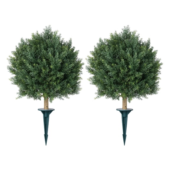 DR.Planzen Artificial 2 Pack 20 in Topiary Ball Trees, UV Resistant Faux Cedar Plants, Faux Cypress Evergreen Shrub Bush with 10.6in Twist-On Stake - For Front Porch Patio Garden Yard Outdoor Decor