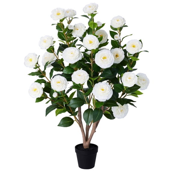 DR.Planzen Artificial Camellia Tree 3FT in Pot – 27 Blooming White Flowers & 252 Leaves UV Resistant Faux Camellia Plant for Indoor Outdoor Decor, Front Door Porch Patio Living Room Office