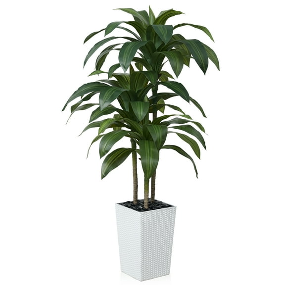 DR.Planzen Artificial Dracaena Tree 5ft - UV Protected Faux Dracaena Plant with 57 Green Leaves, Fake Tree for Indoor & Outdoor Use, Sturdy Tall White Planter with River Stones