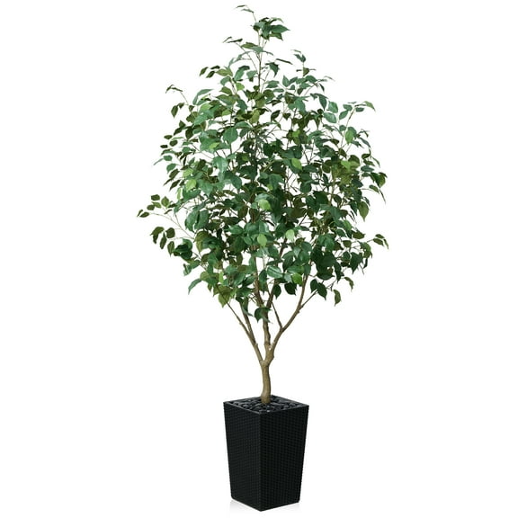DR.Planzen Artificial Ficus Tree 6ft - UV Protected Faux Ficus Plant with Adjustable Branches and Realistic Green Leaves for Indoor & Outdoor Decor, Black Large Planter with River Rocks