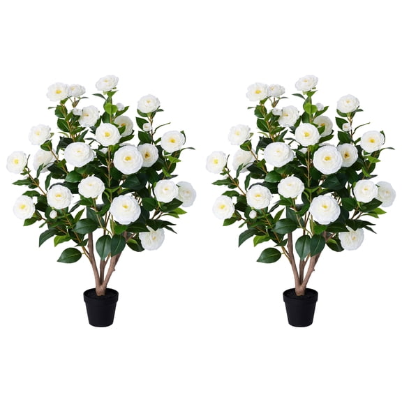 DR.Planzen 2 Pack Artificial Camellia Tree 3FT in Pot – 27 Blooming White Flowers & 252 Leaves UV Resistant Faux Camellia Plant for Indoor Outdoor Decor, Front Door Porch Patio Living Room Office