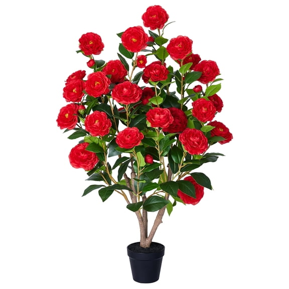 DR.Planzen Artificial Camellia Tree 3FT in Pot – 27 Blooming Red Flowers & 252 Leaves UV Resistant Faux Camellia Plant for Indoor Outdoor Decor, Front Door Porch Patio Living Room Office