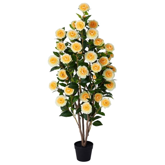 DR.Planzen Artificial Camellia Tree 4FT Tall Faux Camellia Plant UV Resistant Fake Flowering Tree Potted – 48 Blooming Yellow Flowers & 348 Silk Leaves, Artificial Plant Indoor Outdoor Decor