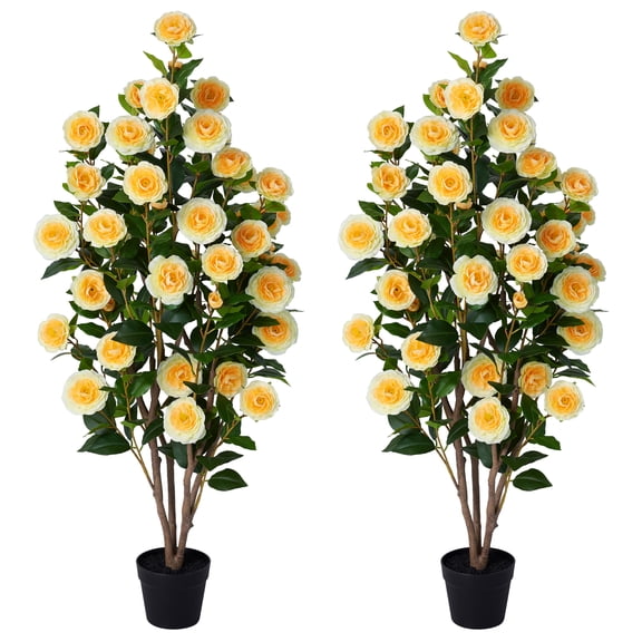 2 Pack Artificial Camellia Tree 4FT Tall Faux Camellia Plant UV Resistant Fake Flowering Tree Potted – 48 Blooming Yellow Flowers & 348 Silk Leaves, Artificial Plant Indoor Outdoor Decor for Living R