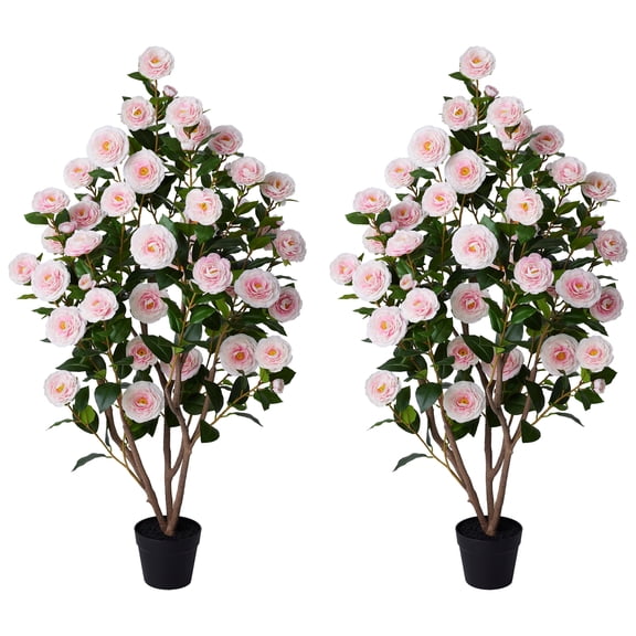 DR.Planzen 2 Pack Artificial Camellia Tree 4FT Tall Faux Camellia Plant UV Resistant Fake Flowering Tree Potted – 48 Blooming Pink Flowers & 348 Silk Leaves, Artificial Plant Indoor Outdoor Decor