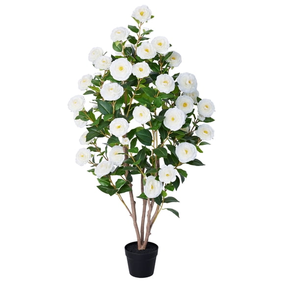 DR.Planzen Artificial Camellia Tree 4FT Tall Faux Camellia Plant UV Resistant Fake Flowering Tree Potted – 48 Blooming White Flowers & 348 Silk Leaves, Artificial Plant Indoor Outdoor Decor