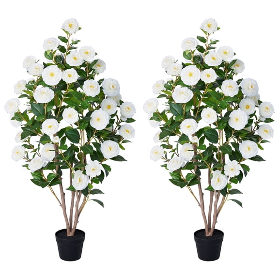 DR.Planzen 2 Pack Artificial Camellia Tree 4FT Tall Faux Camellia Plant UV Resistant Fake Flowering Tree Potted – 48 Blooming White Flowers & 348 Silk Leaves, Artificial Plant Indoor Outdoor Decor
