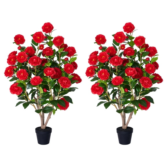 2 Pack Artificial Camellia Tree 3FT in Pot – 27 Blooming Red Flowers & 252 Leaves UV Resistant Faux Camellia Plant for Indoor Outdoor Decor, Front Door Porch Patio Living Room Office