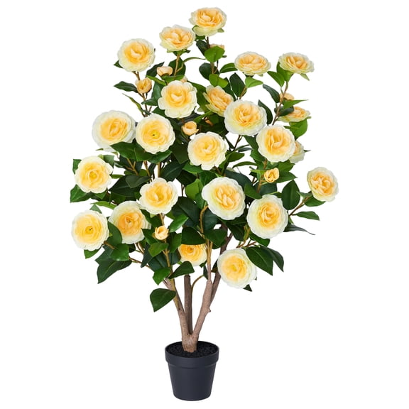 Artificial Camellia Tree 3FT in Pot – 27 Blooming Yellow Flowers & 252 Leaves UV Resistant Faux Camellia Plant for Indoor Outdoor Decor, Front Door Porch Patio Living Room Office