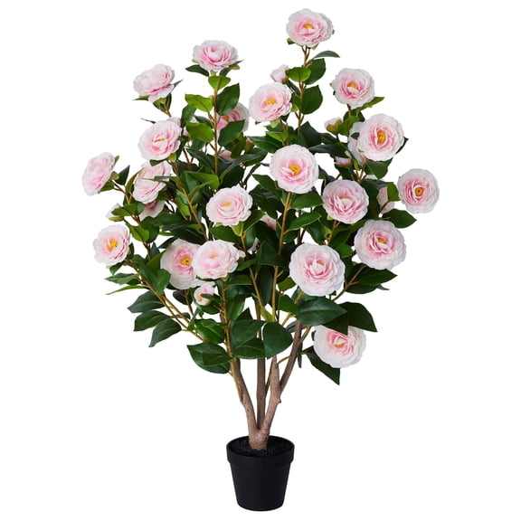 Artificial Camellia Tree 3FT in Pot – 27 Blooming Pink Flowers & 252 Leaves UV Resistant Faux Camellia Plant for Indoor Outdoor Decor, Front Door Porch Patio Living Room Office