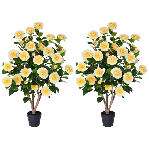 DR.Planzen 2 Pack Artificial Camellia Tree 3FT in Pot – 27 Blooming Yellow Flowers & 252 Leaves UV Resistant Faux Camellia Plant for Indoor Outdoor Decor, Front Door Porch Patio Living Room Office