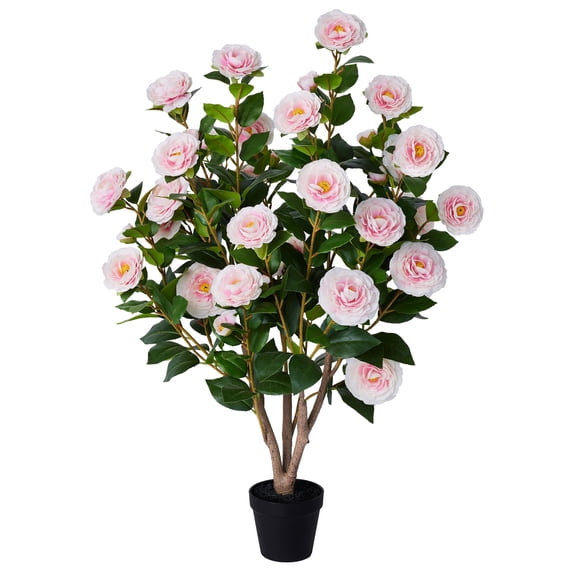 DR.Planzen Artificial Camellia Tree 3FT in Pot – 27 Blooming Pink Flowers & 252 Leaves UV Resistant Faux Camellia Plant for Indoor Outdoor Decor, Front Door Porch Patio Living Room Office