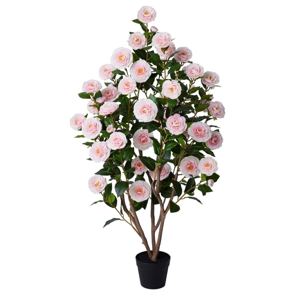 DR.Planzen Artificial Camellia Tree 4FT Tall Faux Camellia Plant UV Resistant Fake Flowering Tree Potted – 48 Blooming Pink Flowers & 348 Silk Leaves, Artificial Plant Indoor Outdoor Decor