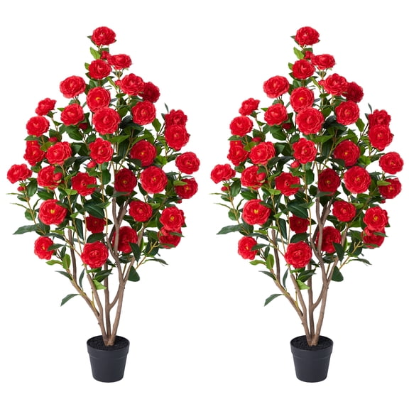 2 Pack Artificial Camellia Tree 4FT Tall Faux Camellia Plant UV Resistant Fake Flowering Tree Potted – 48 Blooming Red Flowers & 348 Silk Leaves, Artificial Plant Indoor Outdoor Decor for Living Room