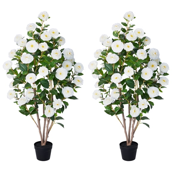 2 Pack Artificial Camellia Tree 4FT Tall Faux Camellia Plant UV Resistant Fake Flowering Tree Potted – 48 Blooming White Flowers & 348 Silk Leaves, Artificial Plant Indoor Outdoor Decor for Living Ro