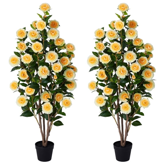 DR.Planzen 2 Pack Artificial Camellia Tree 4FT Tall Faux Camellia Plant UV Resistant Fake Flowering Tree Potted – 48 Blooming Yellow Flowers & 348 Silk Leaves, Artificial Plant Indoor Outdoor Decor