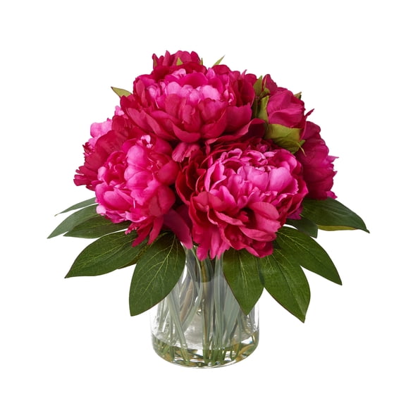 DR.Planzen Artificial Peony in Vase with Faux Water, 1 Potted Purple-Red Silk Peony Arrangement, 10 Blooms 82 Leaves 9 Stems 2 Branch Types, 12" Home & Office Decor