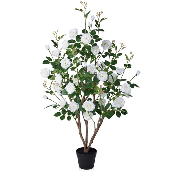 DR.Planzen 4ft Artificial White Rose Tree with Green Leaves, Lifelike Faux Rose Flower Tree for Home Decor Indoor Outdoor, Living Room Office Decoration