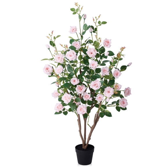 DR.Planzen 4ft Artificial Pink Rose Tree with Green Leaves, Lifelike Faux Rose Flower Tree for Home Decor Indoor Outdoor, Living Room Office Decoration