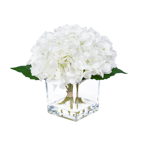 DR.Planzen 8'' Artificial White Hydrangea in Square Glass Vase - Realistic 384-Petal Silk Flower with Faux Water, Home Office Tabletop Decor