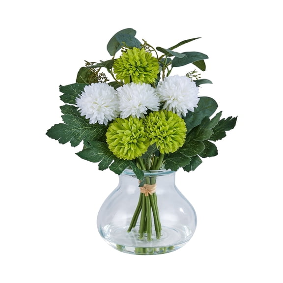 DR.Planzen Artificial Chrysanthemum & Eucalyptus Arrangement, White & Green Fake Flowers in Apothecary Glass Vase with Faux Water, 12.9" Home Office Decor