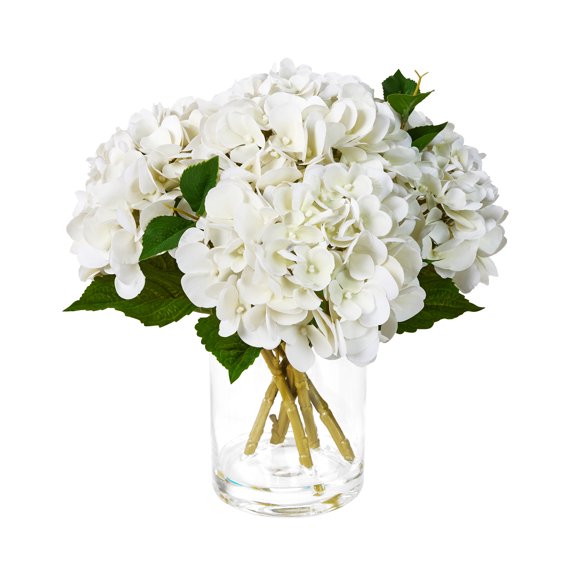 DR.Planzen Artificial Hydrangea Arrangement in Glass Vase, 8 Branches with White Flowers & Green Fruit, 12" Low-Maintenance Floral Centerpiece for Tabletop Home Office Decor