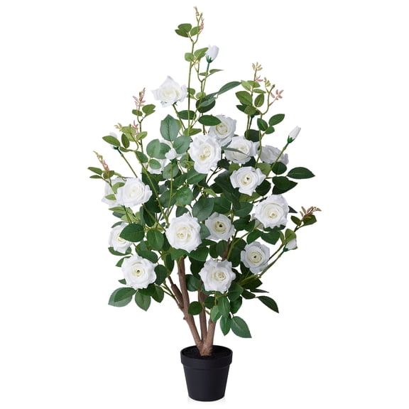 DR.Planzen 3ft Artificial White Rose Tree with Green Leaves, Lifelike Faux Rose Flower Tree for Home Decor Indoor Outdoor, Living Room Office Decoration