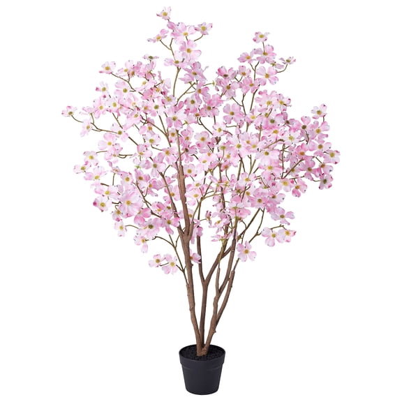 DR.Planzen 4ft Pink Artificial Dogwood Tree, Lifelike Faux Dogwood Flower Tree with Green Leaves for Home Decor Indoor Outdoor, Spring Decoration for Living Room Office