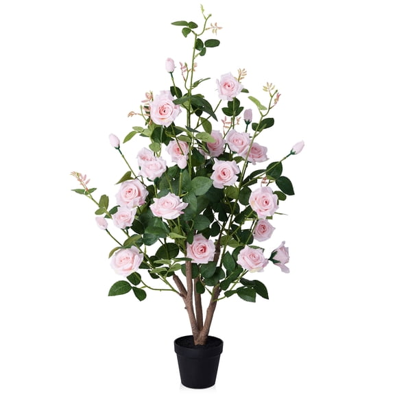 DR.Planzen 3ft Artificial Pink Rose Tree with Green Leaves, Lifelike Faux Rose Flower Tree for Home Decor Indoor Outdoor, Living Room Office Decoration