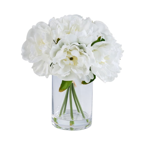 DR.Planzen Artificial White Peony Bouquet in Cylinder Vase with Faux Water, 6 Stems with 6 Realistic White Peony Blooms, 10.6" Tall Ready-to-Use Home Office Centerpiece Decor