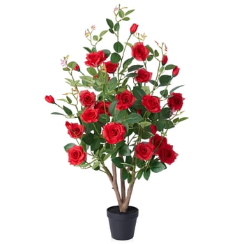 DR.Planzen 3ft Artificial Red Rose Tree with Green Leaves, Lifelike Faux Rose Flower Tree for Home Decor Indoor Outdoor, Living Room Office Decoration