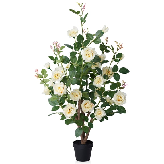 DR.Planzen 3ft Artificial Yellow Rose Tree with Green Leaves, Lifelike Faux Rose Flower Tree for Home Decor Indoor Outdoor, Living Room Office Decoration