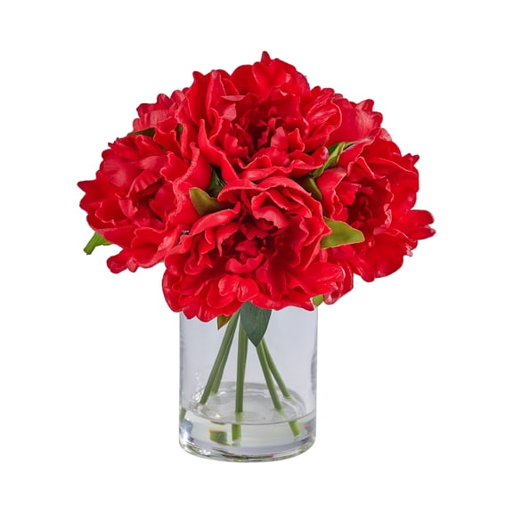 DR.Planzen Artificial Red Peony Bouquet in Cylinder Vase with Faux Water, 6 Stems with 6 Realistic White Peony Blooms, 10.6" Tall Ready-to-Use Home Office Centerpiece Decor