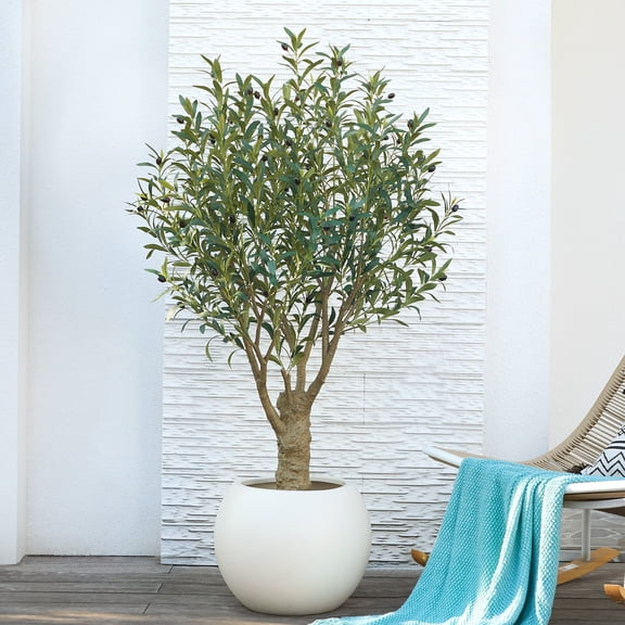 DR.Planzen 5FT Giant Artificial Olive Tree, Tall Silk Faux Olive Tree with Massive Trunk Base, Large UV Resistant Black Plastic Potted Plant for Indoor Outdoor Home Office Decor
