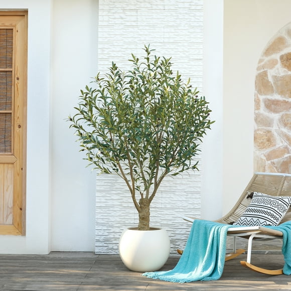 DR.Planzen 6FT Giant Artificial Olive Tree, Tall Silk Faux Olive Tree with Massive Trunk Base, Large UV Resistant Black Plastic Potted Plant for Indoor Outdoor Home Office Decor
