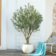 DR.Planzen 6FT Giant Artificial Olive Tree, Tall Silk Faux Olive Tree with Massive Trunk Base, Large UV Resistant Black Plastic Potted Plant for Indoor Outdoor Home Office Decor