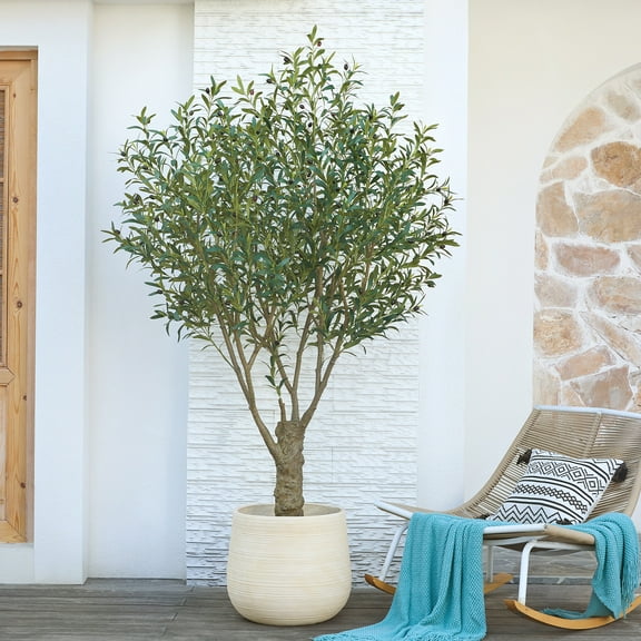 DR.Planzen 7FT Giant Artificial Olive Tree, Tall Silk Faux Olive Tree with Massive Trunk Base, Large UV Resistant Black Plastic Potted Plant for Indoor Outdoor Home Office Decor