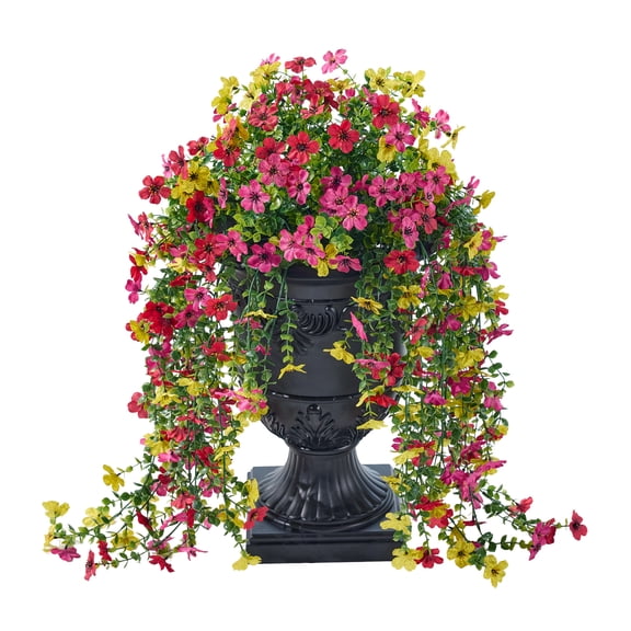 DR.Planzen Artificial Lobelia in Charming Urn Planter Set, 25.6 Inch Tall Lifelike Faux Flowers, Pre-Potted with Tray for Indoor Home and Patio Decor, 1 Piece