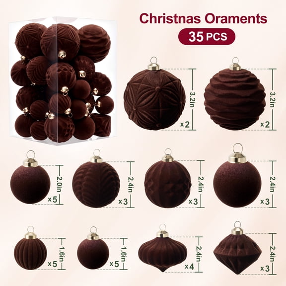 DR.Planzen Assorted Sizes Reddish Brown Christmas Ornaments Set, 35ct Mixed 3" & 2" & 1.5" Flocked & Thread Ball Holiday Decor, Indoor Xmas Tree Decorations