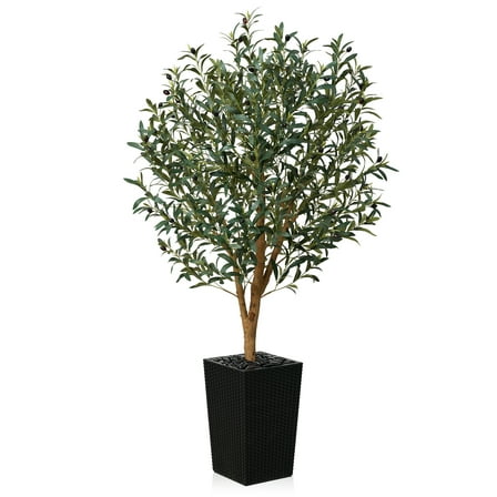 DR.Planzen UV Resistant 5ft Artificial Olive Tree with Natural Wood Branches and Realistic Silk Leaves,Faux Olive Tree for Indoor and Outdoor Decor - Black Large Planter with Pebbles