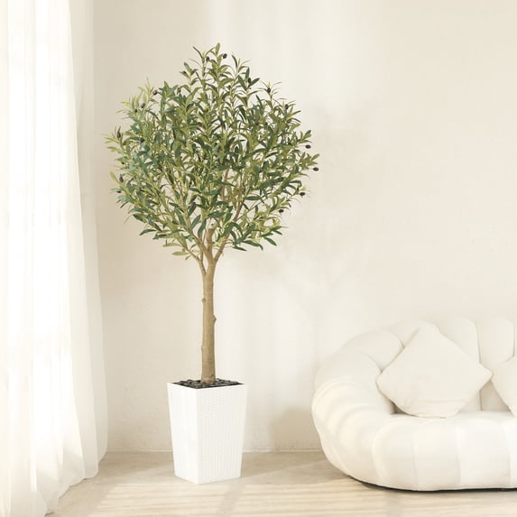 DR.Planzen UV Resistant 6ft Artificial Olive Tree in White Large Planter with Pebbles– Faux Olive Tree for Indoor and Outdoor Decor, Lifelike Greenery for Home & Garden Decor