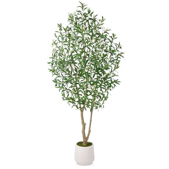 DR.Planzen 7ft Dense Artificial Olive Tree - Faux Olive Plant for Indoor & Outdoor Decor - Adjustable Branches - UV Resistant Realistic Olive Tree in White Planter