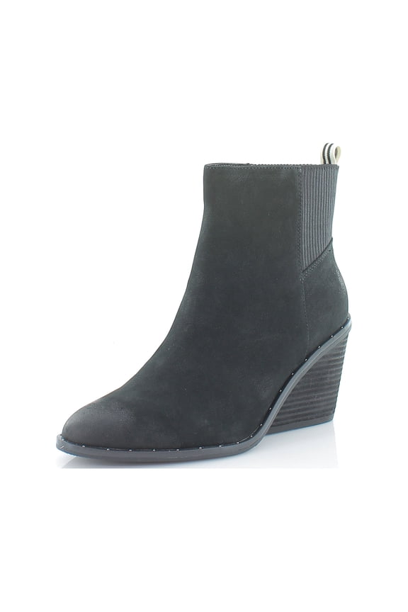DR SCHOLLS Womens Black Side Stretch Panels Be Free Technology Studded Mania Almond Toe Wedge Slip On Leather Booties 8.5 M