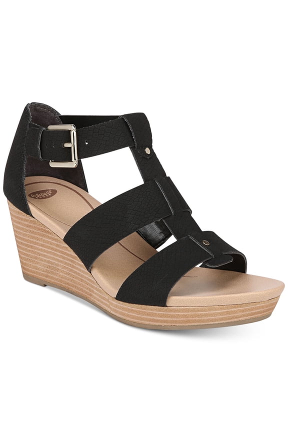 DR SCHOLLS Womens Black Snake Print 1" Platform Studded Side Goring Ankle Strap Adjustable Barton Round Toe Wedge Buckle Gladiator Sandles 7.5 M