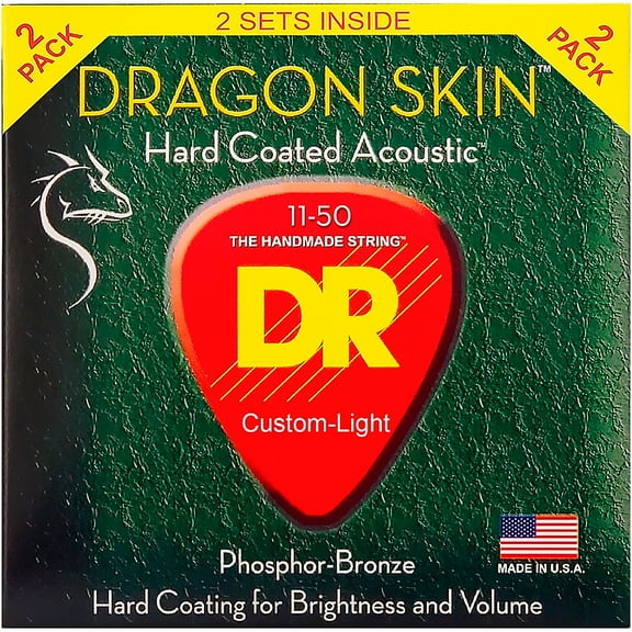 DR Strings Dragon Skin - Clear Coated Acoustic Guitar Strings: Custom Light 11-50 (2-Pack)