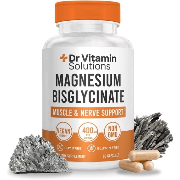 DR Vitamin Solutions Magnesium Bisglycinate 400mg Capsules, Chelated Magnesium for Muscle & Nerve Support, 60 Count