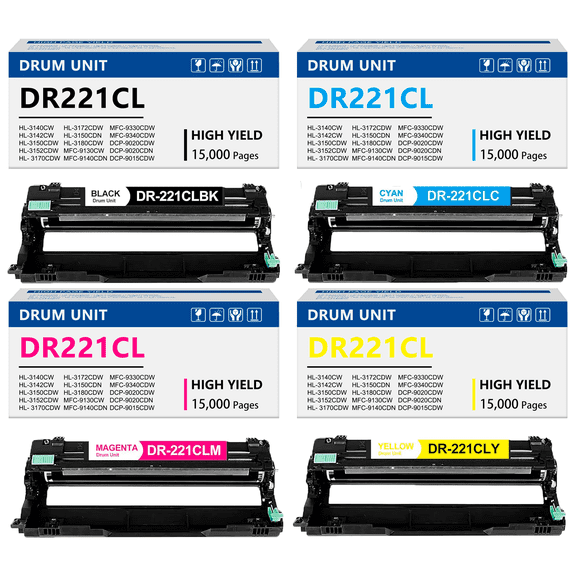 DR221CL Drum Unit 4-Pack Compatible Replacement for Brother DR 221 DR-22CL Drum Unit use for MFC-9130CW MFC-9340CDW MFC-9330CDW HL-3140CW HL-3150CDN HL-3170CDW DCP-9015CDW DCP-9020CDN Printer