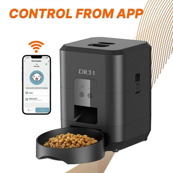 DR31 Smart Automatic Cat Feeder – Wi-Fi App Control, Portion Control, 2L Capacity, Programmable Pet Food Dispenser for Cats & Small Dogs – Easy to Clean, Black