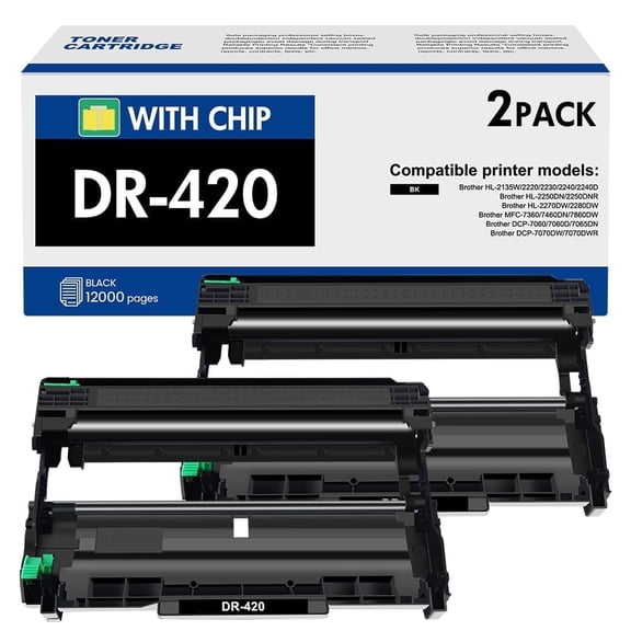 DR420 Drum Unit Compatible for Brother DR 420 DR-420 Work with HL-2270DW HL-2280DW HL-2230 HL-2240 MFC-7360N MFC-7860DW DCP-7065DN MFC-7360N Intellifax 2840 Printer (Black, 2 Pack)